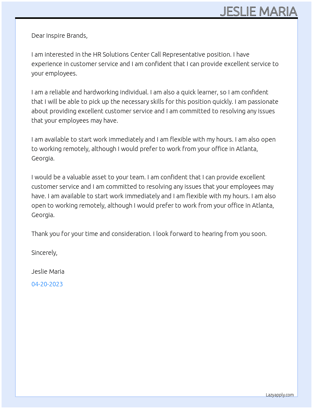 HR Solutions Center Call Representative At Inspire Brands Cover Letter