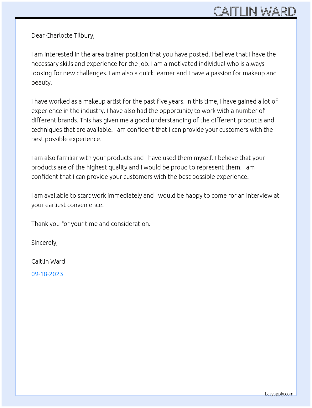 Area trainer At Charlotte Tilbury Cover Letter