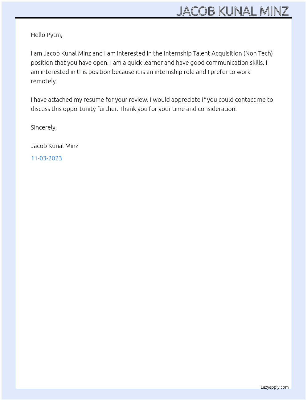 Internship Talent Acquisition (Non Tech) At Pytm Cover Letter