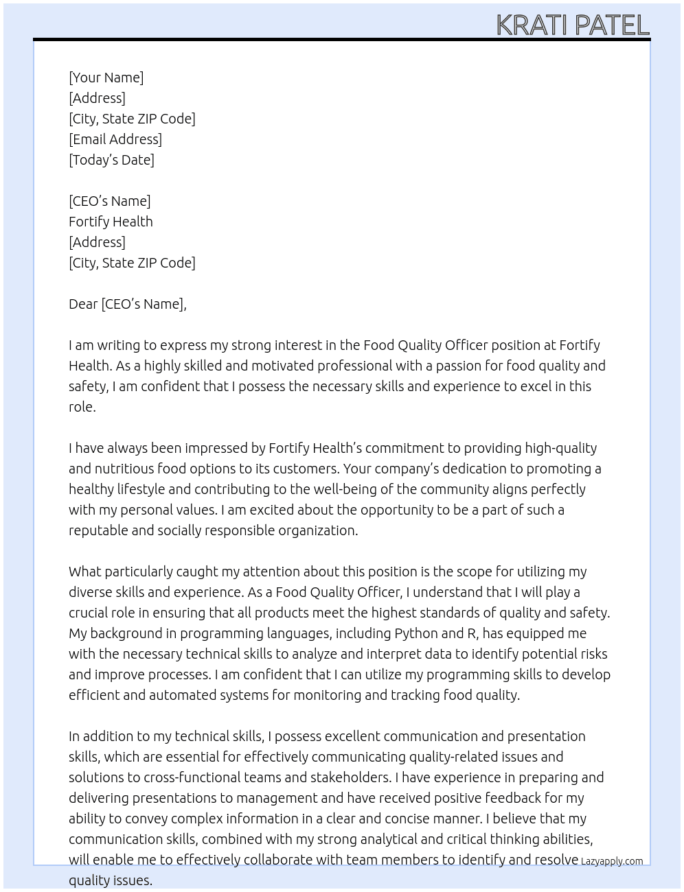 Food Quality Officer At Fortify Health Cover Letter