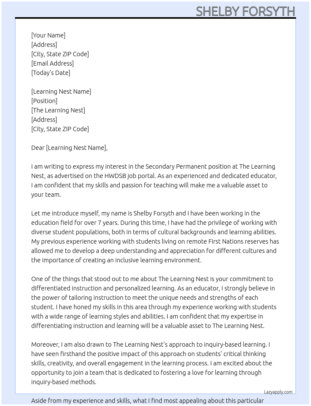  Secondary Permanent - 3 Lines - The Learning Nest At HWDSB Cover Letter