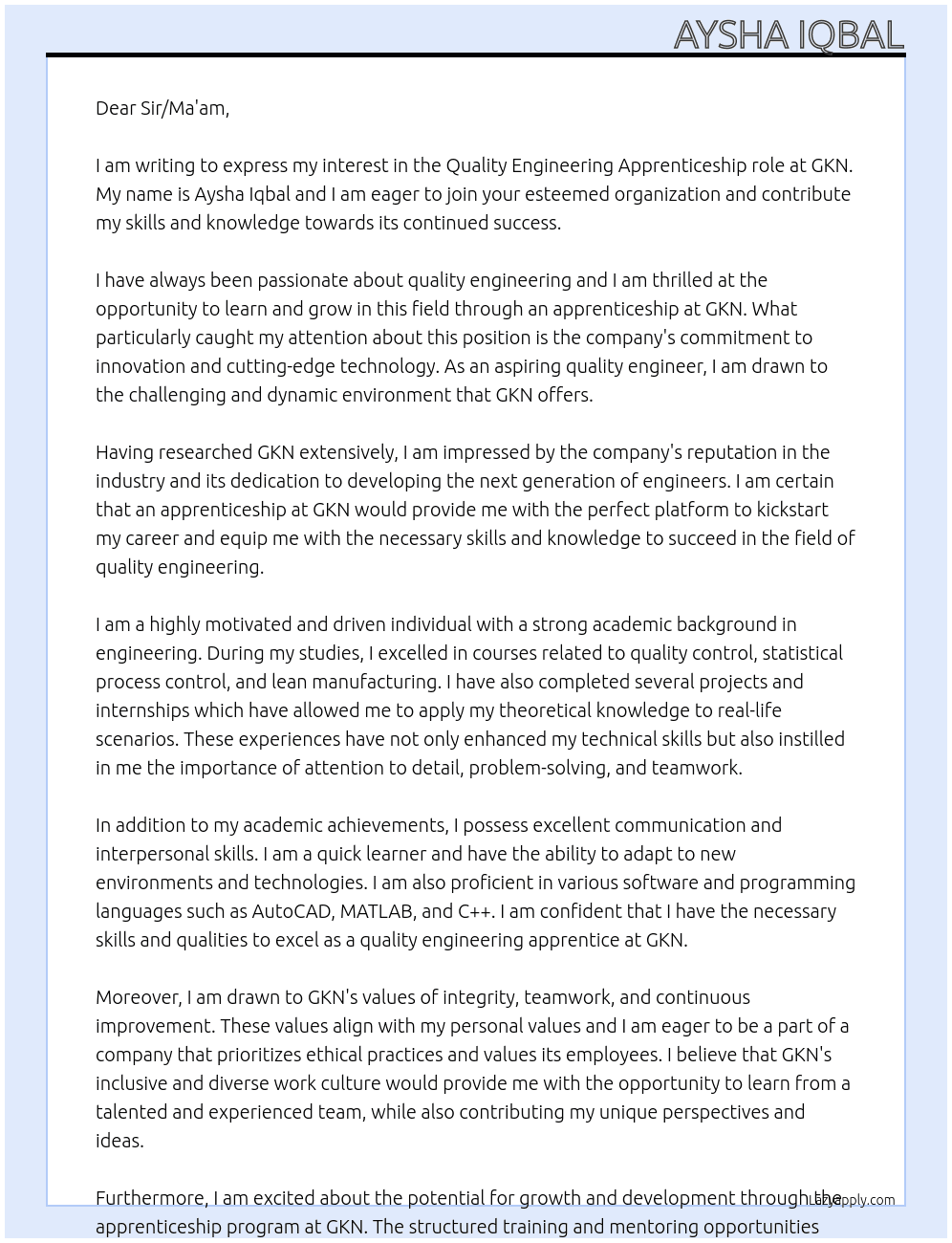 Quality engineering apprenticeship  At GKN Cover Letter