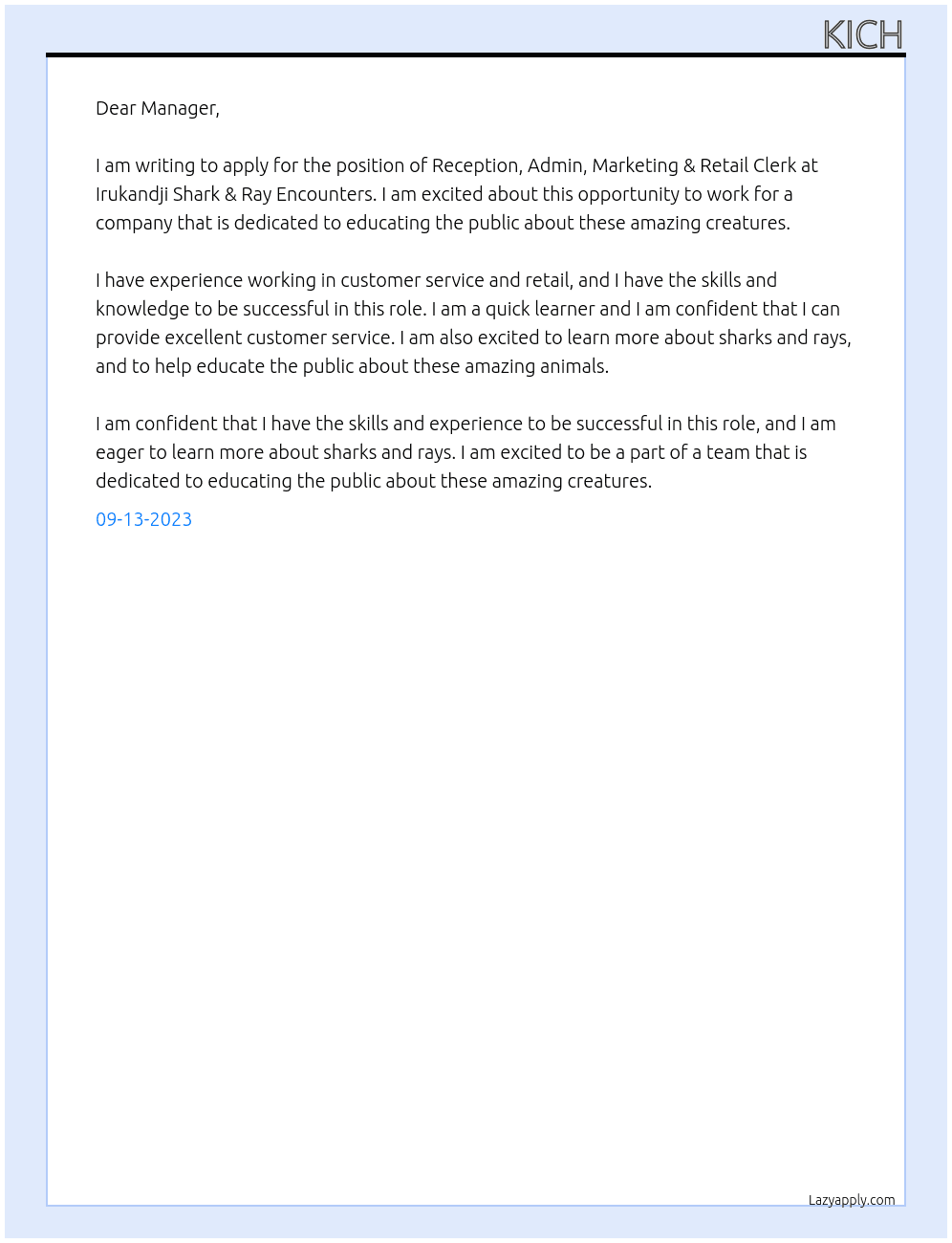 Reception, Admin, Marketing & Retail Clerk At Irukandji Shark & Ray Encounters Cover Letter