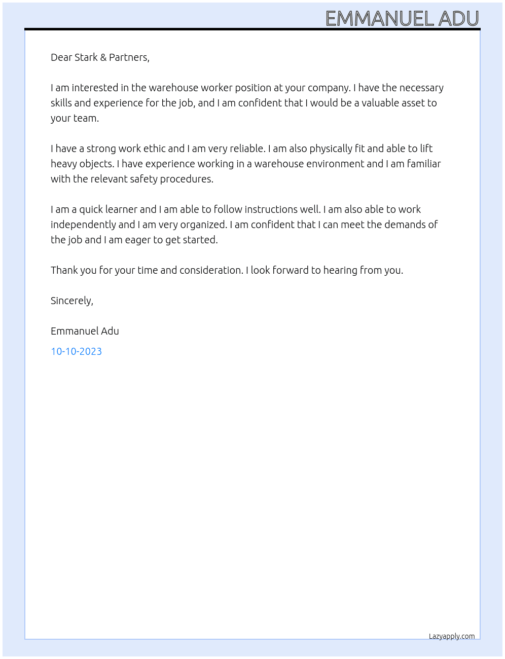 Warehouse worker At Stark & partners Cover Letter