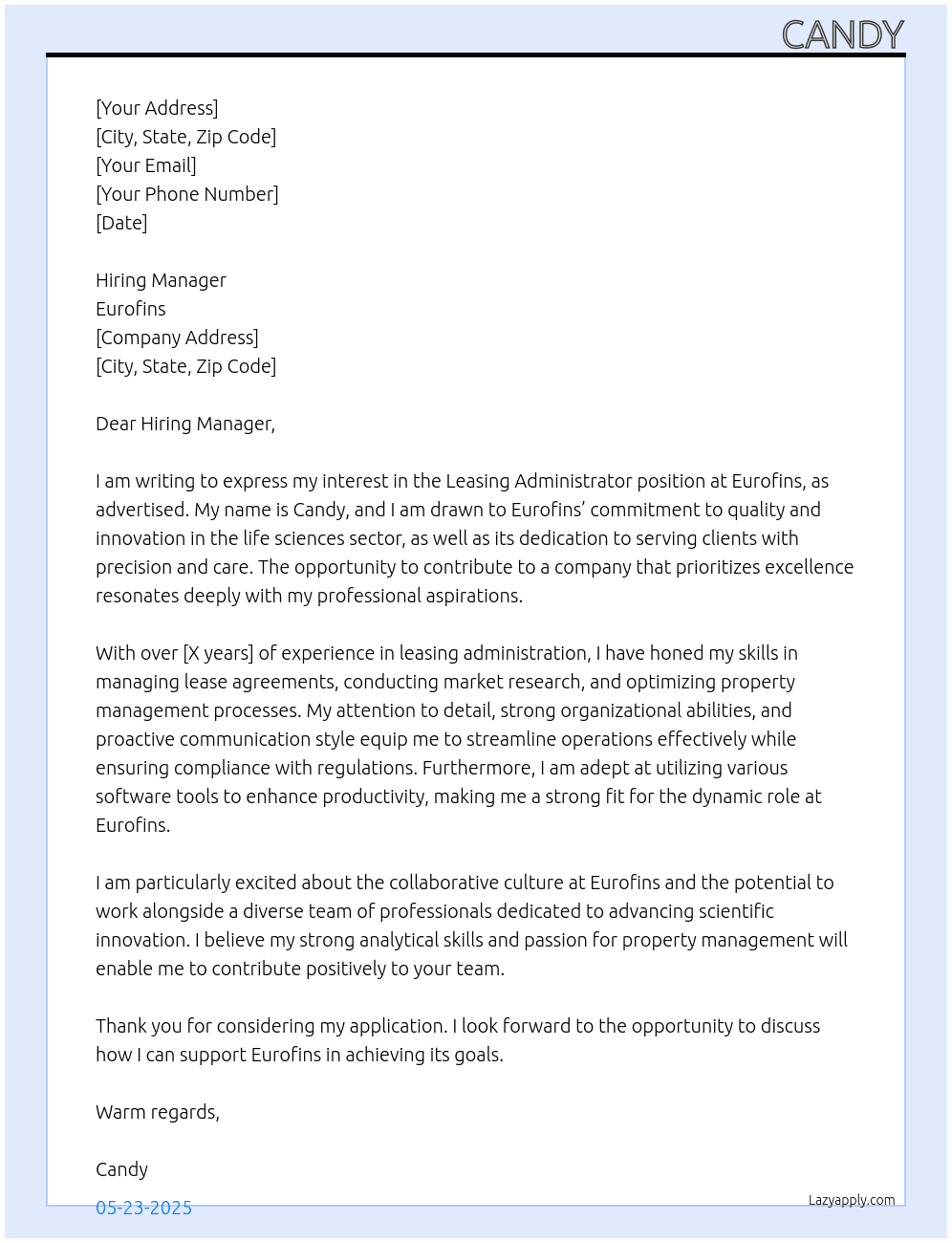 Leasing Administrator At Eurofins Cover Letter