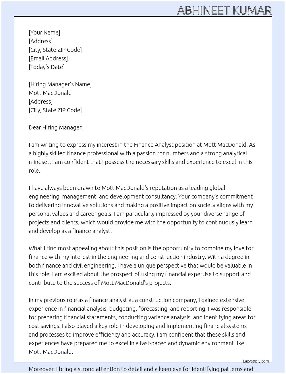 Finance Analyst At Mott MacDonald Cover Letter