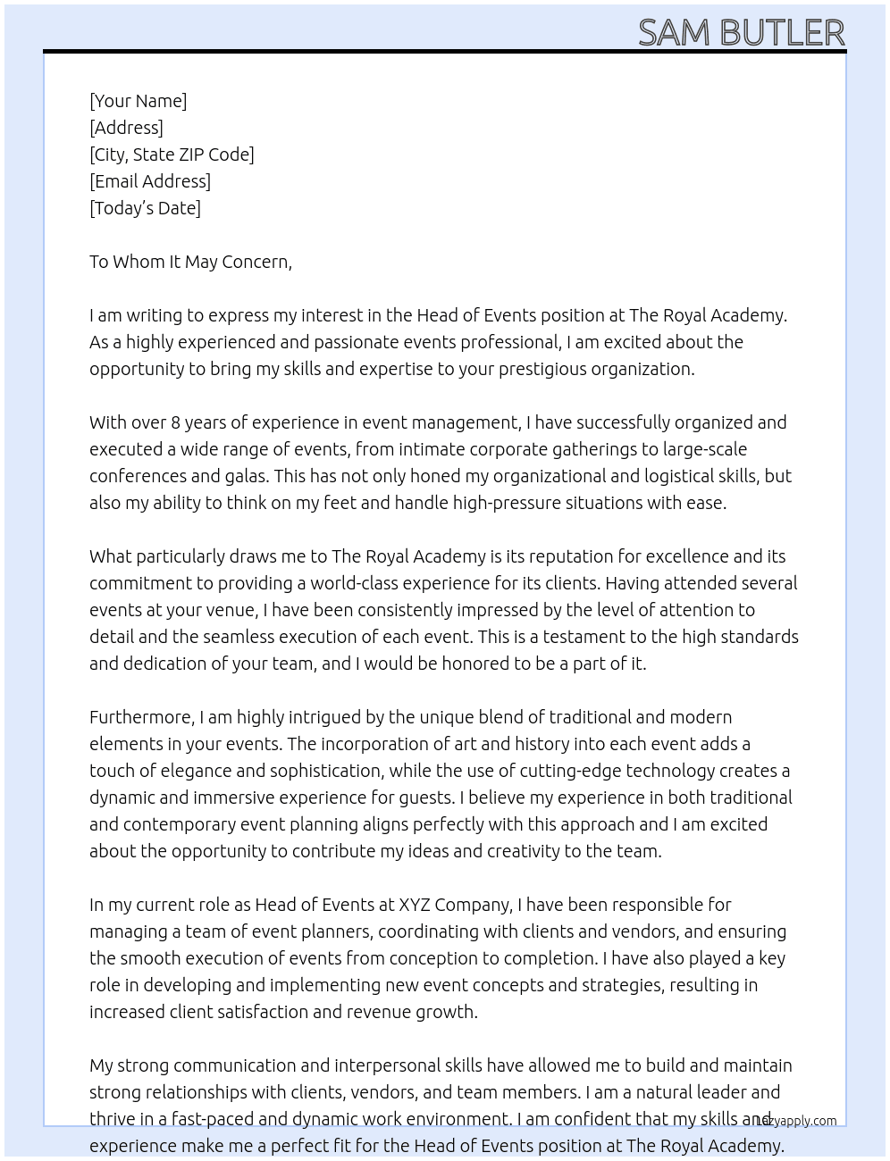 Head of Events At The Royal Academy Cover Letter