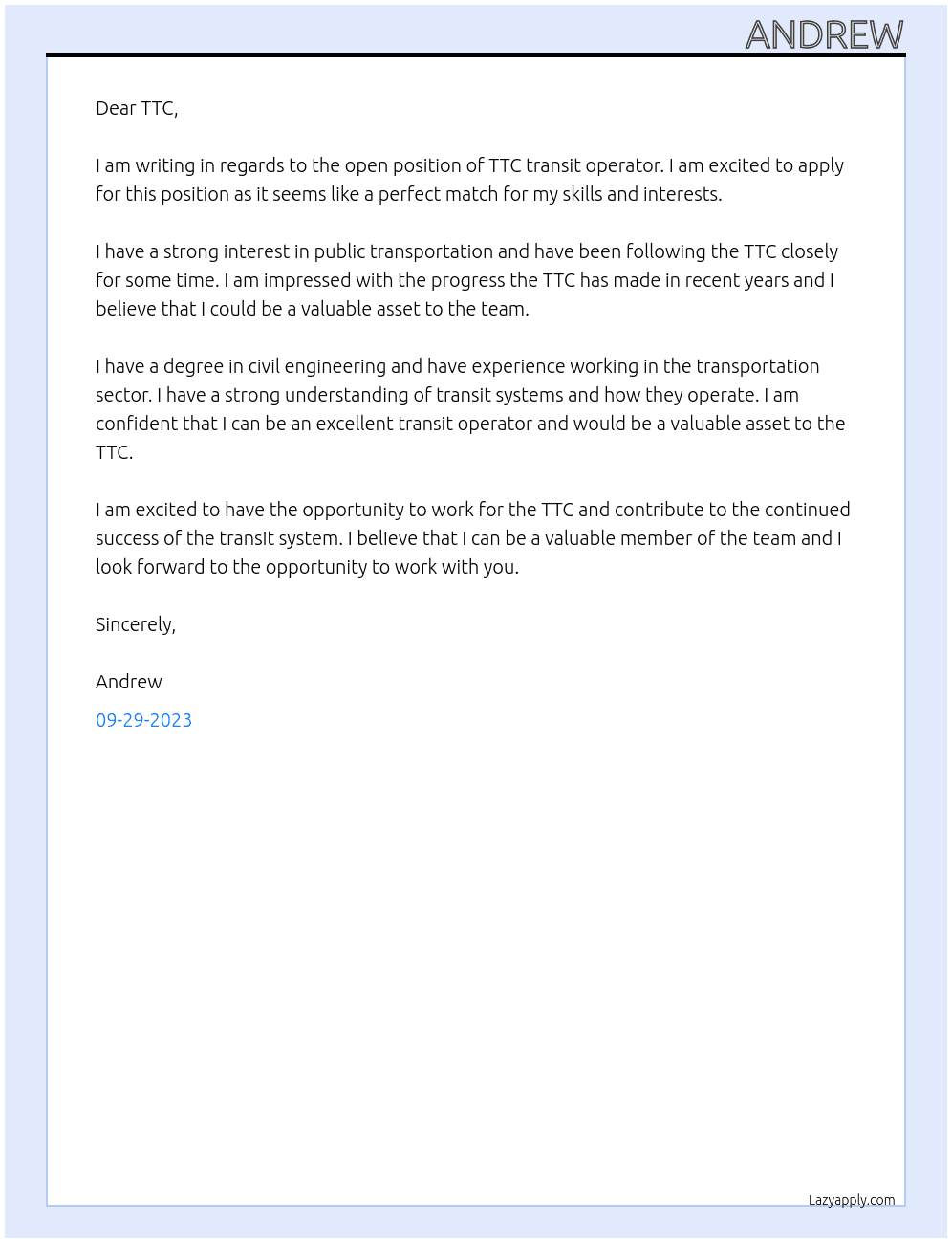 TTC transit operator At TTC Cover Letter