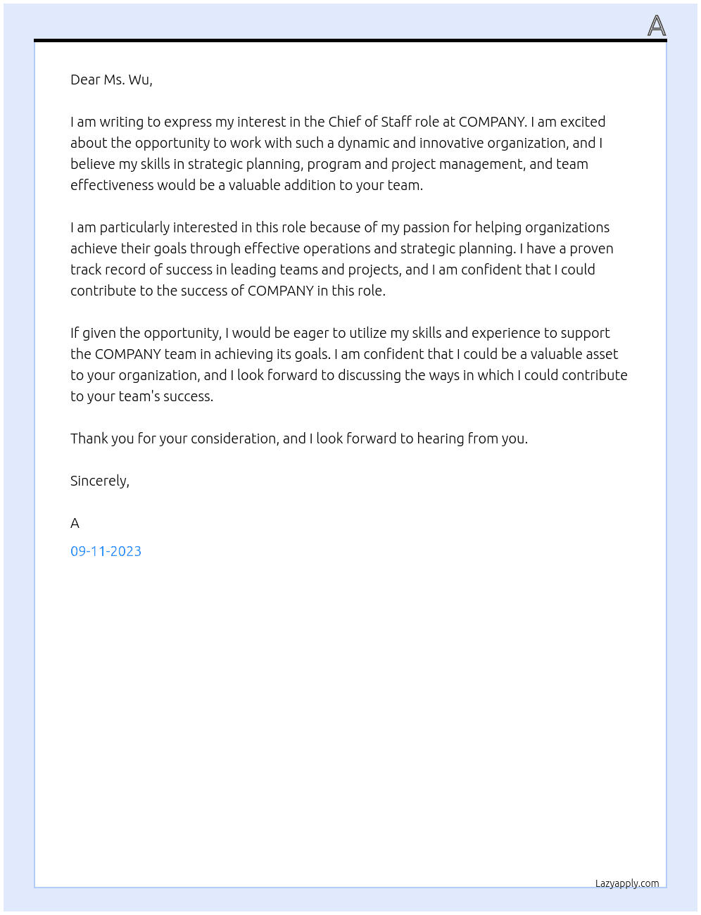 Chief of Staff At COMPANY Cover Letter