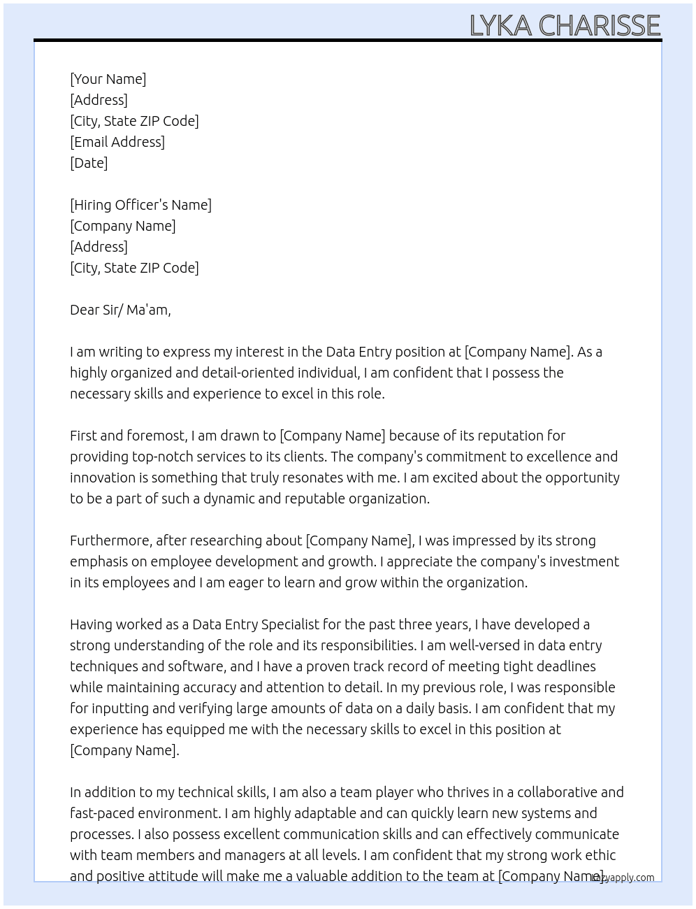 Data Entry At Sir/ Ma'am Cover Letter