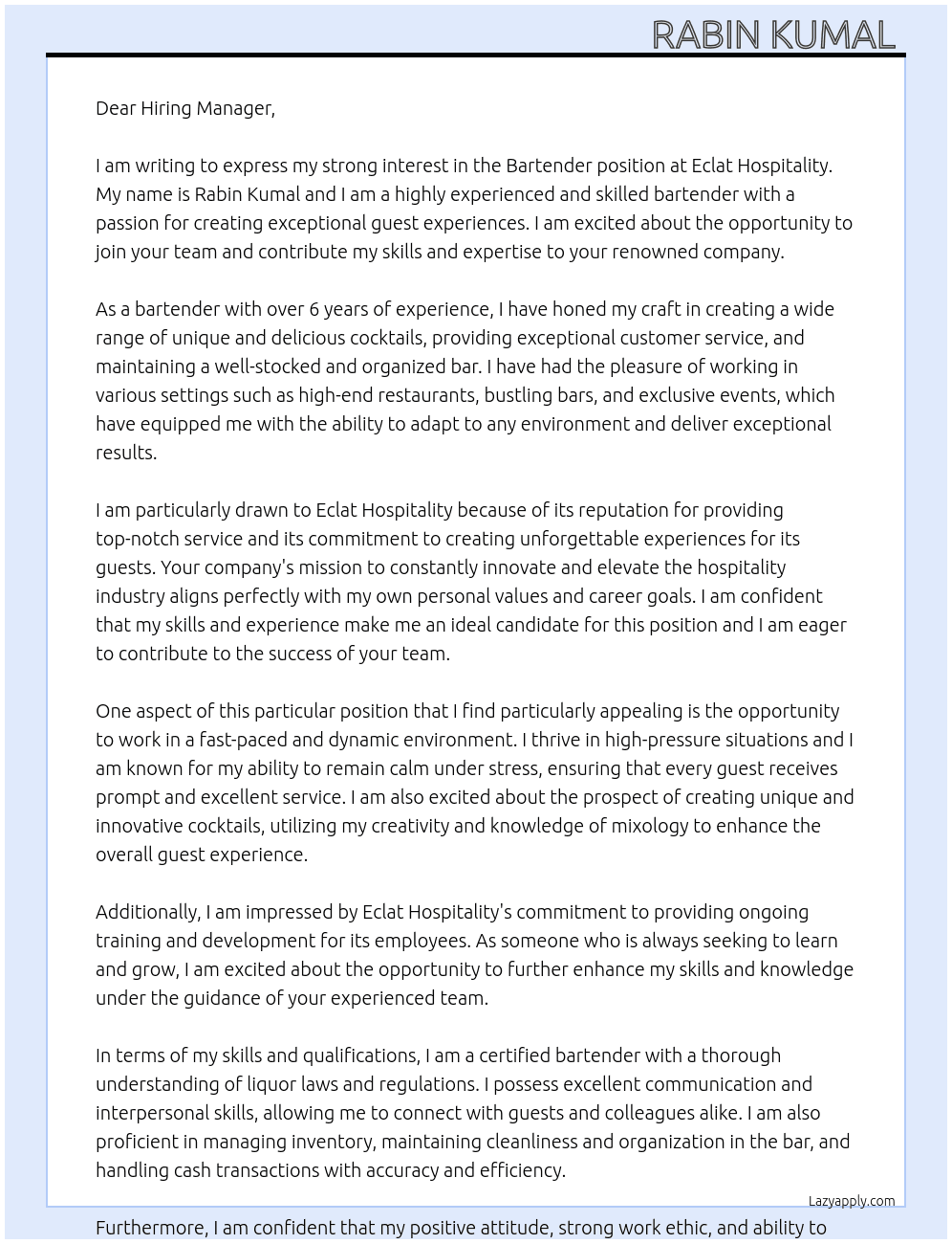 Bartender  At Eclat hospitality  Cover Letter
