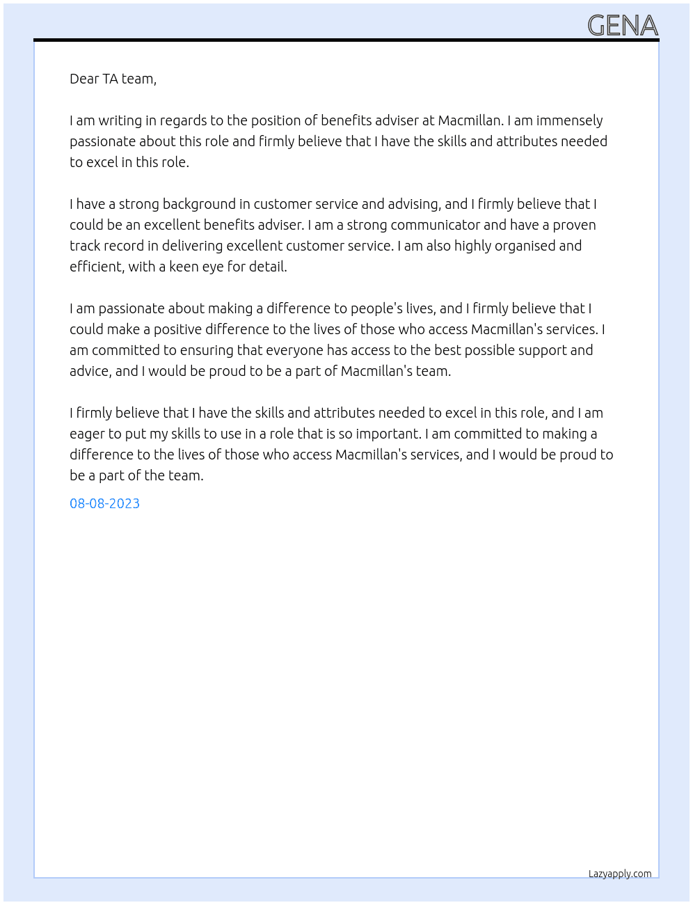 Benefits Adviser At Macmillan Cover Letter