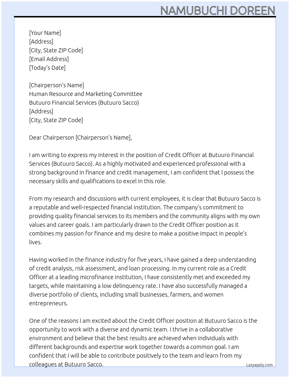 Credit officer At Butuuro Financial Services(Butuuro Sacco) Cover Letter