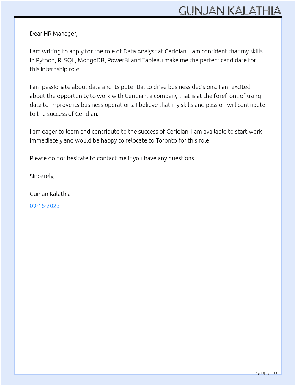 Data Analyst  At Ceridian Cover Letter