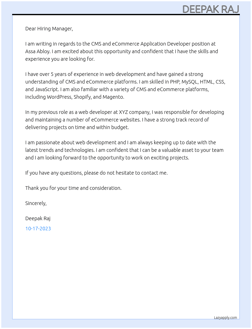 CMS and eCommerce Application Developer At Assa Abloy Cover Letter