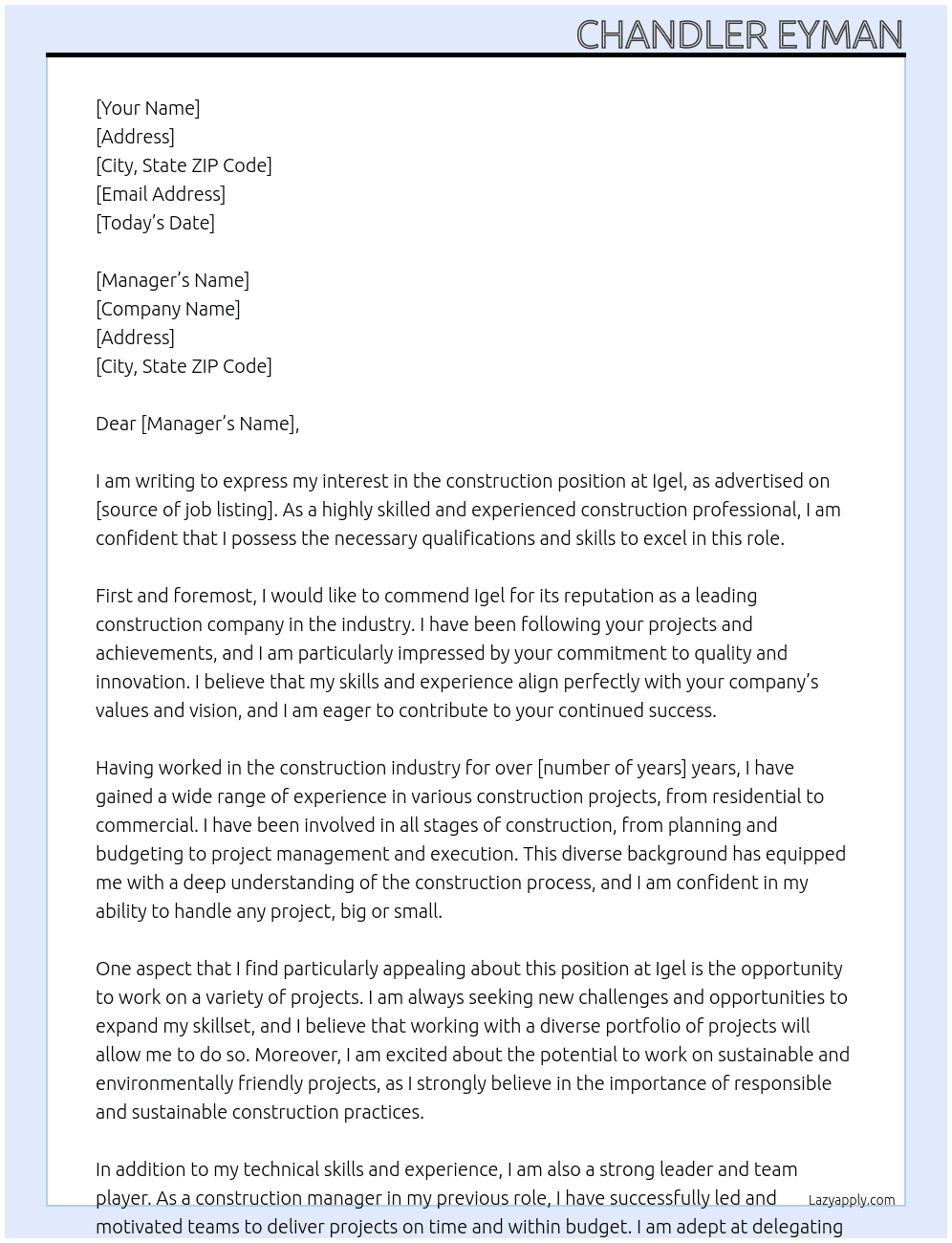 construction  At Igel Cover Letter