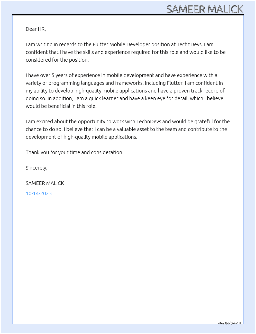 Flutter Mobile Developer At TechnDevs Cover Letter