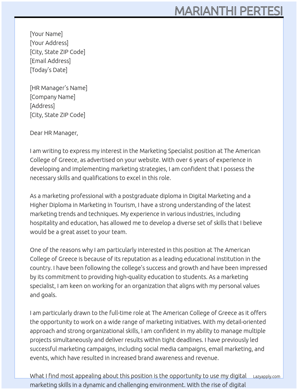 Marketing Specialist At The American College of Greece  Cover Letter