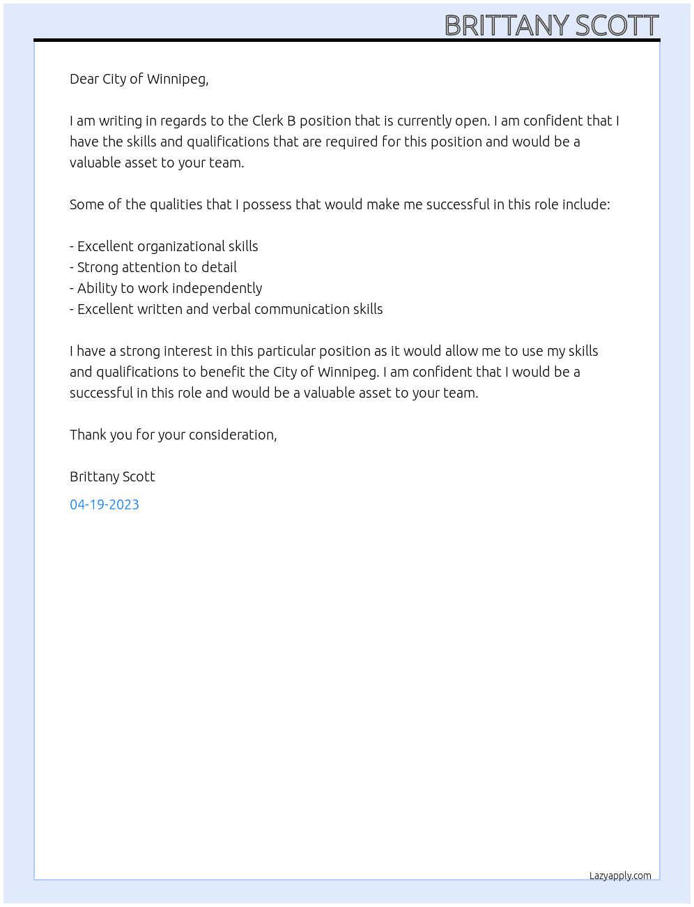 Clerk B At City of Winnipeg Cover Letter