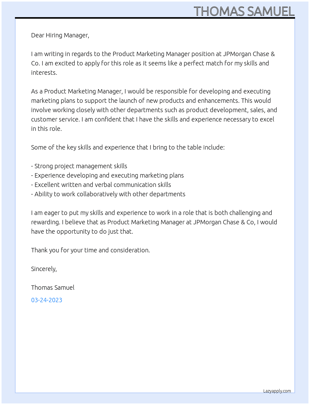 Product Marketing Manager At JPMorgan Chase & Co Cover Letter