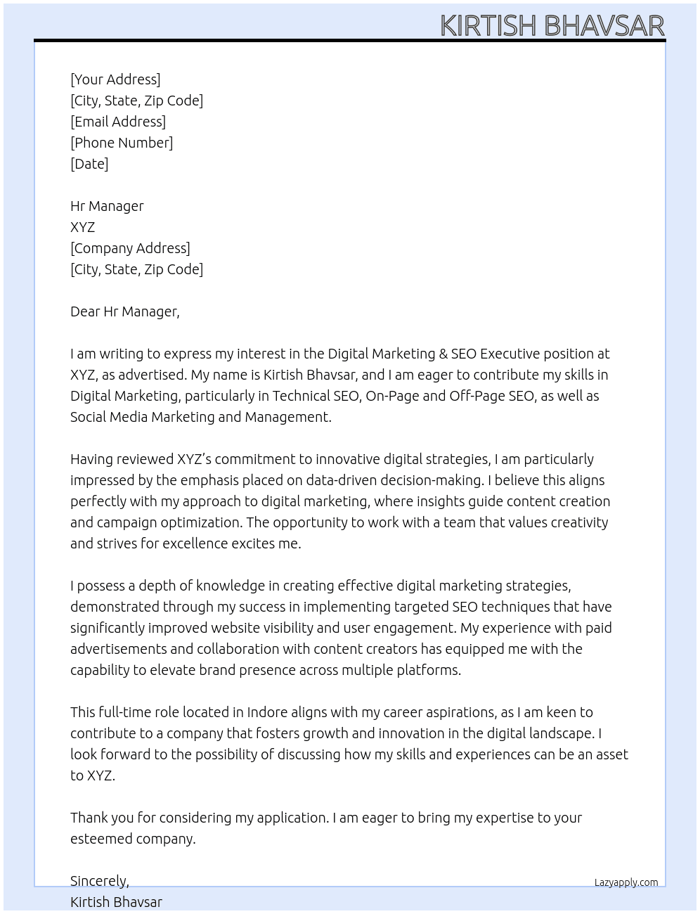 Cover letter for digital marketing & seo executive - LazyApply