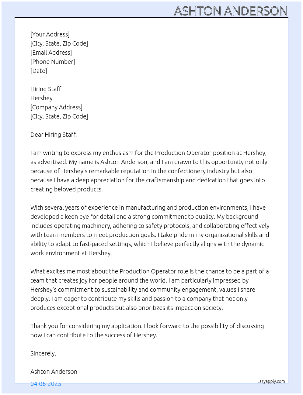 Production Operator At Hershey  Cover Letter