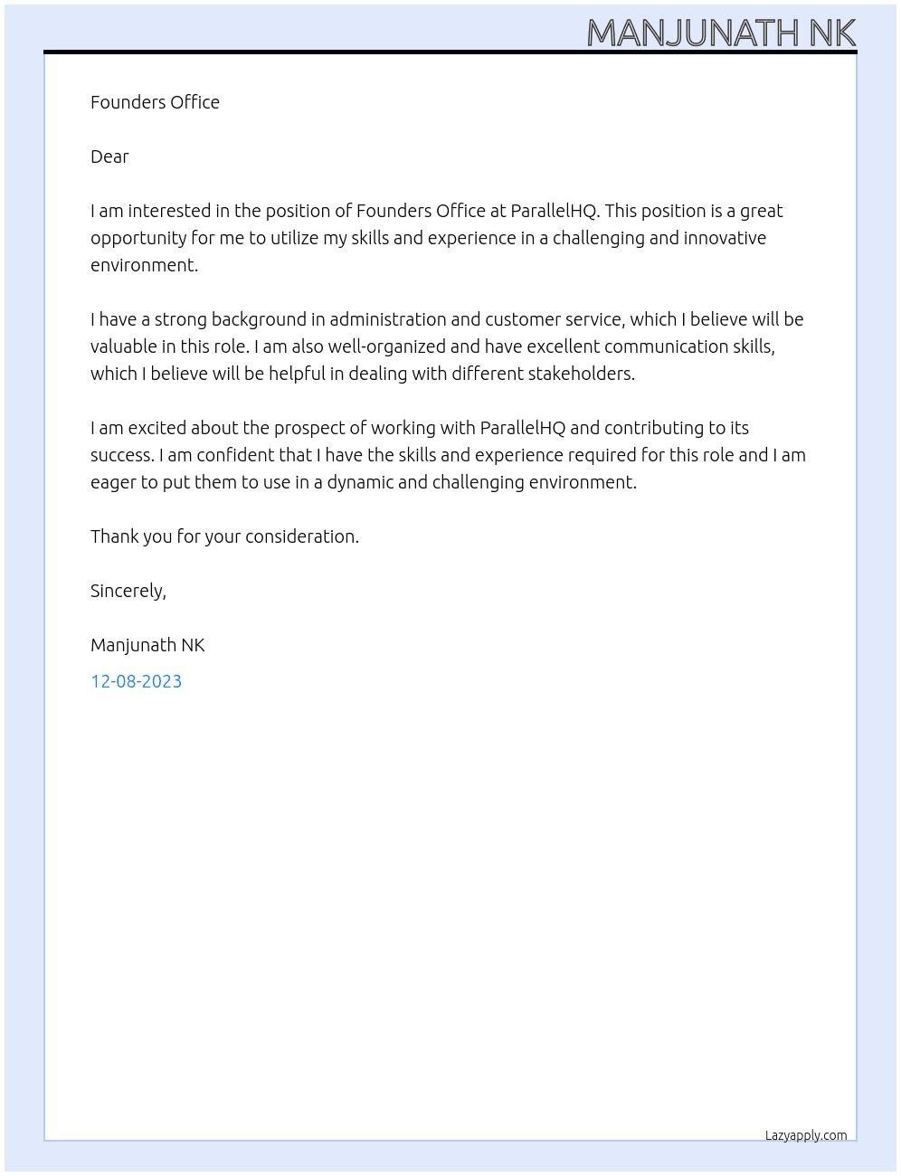 Founders office At parallelhq Cover Letter