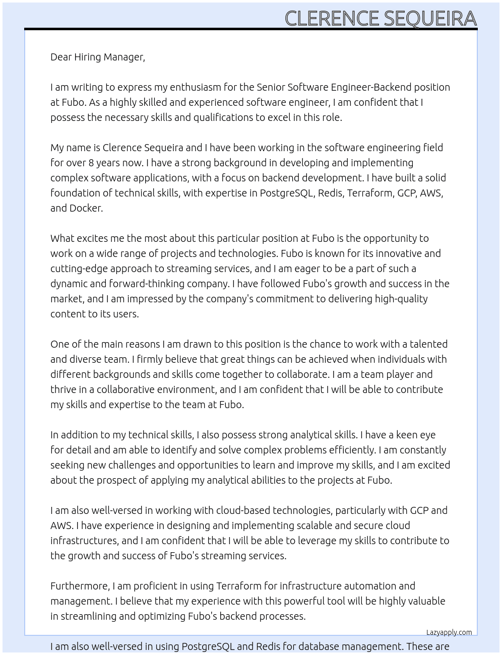 Senior Software Engineer- Backend At Fubo Cover Letter