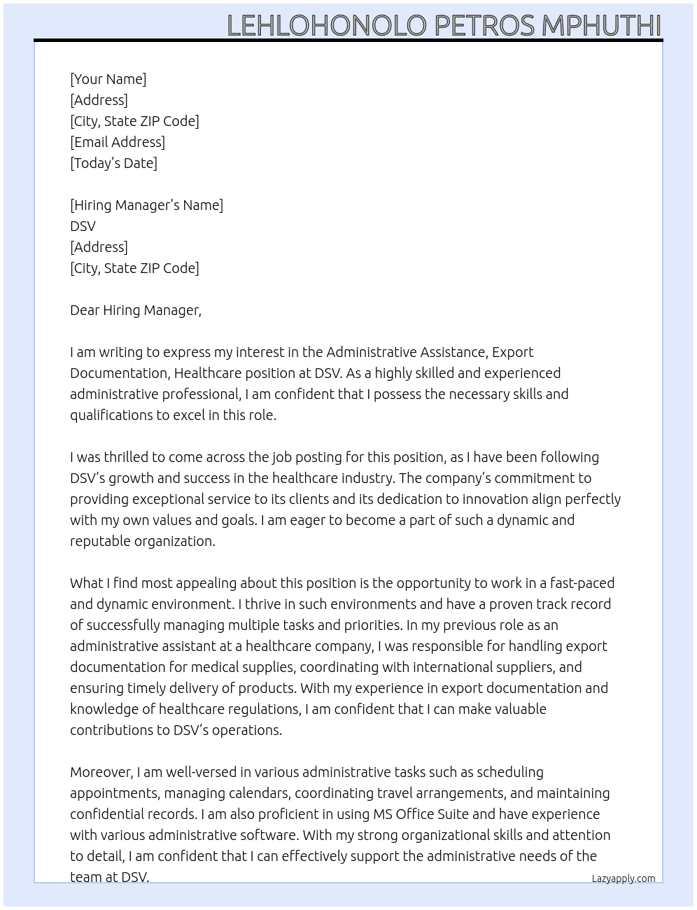 Cover letter for administrative assistance, export documentation, healthcare - LazyApply
