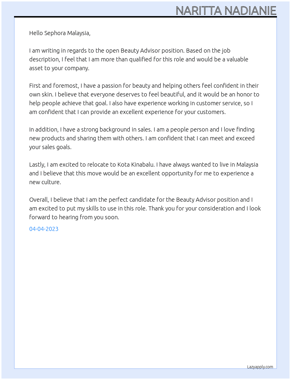 beauty advisor At sephora malaysia Cover Letter