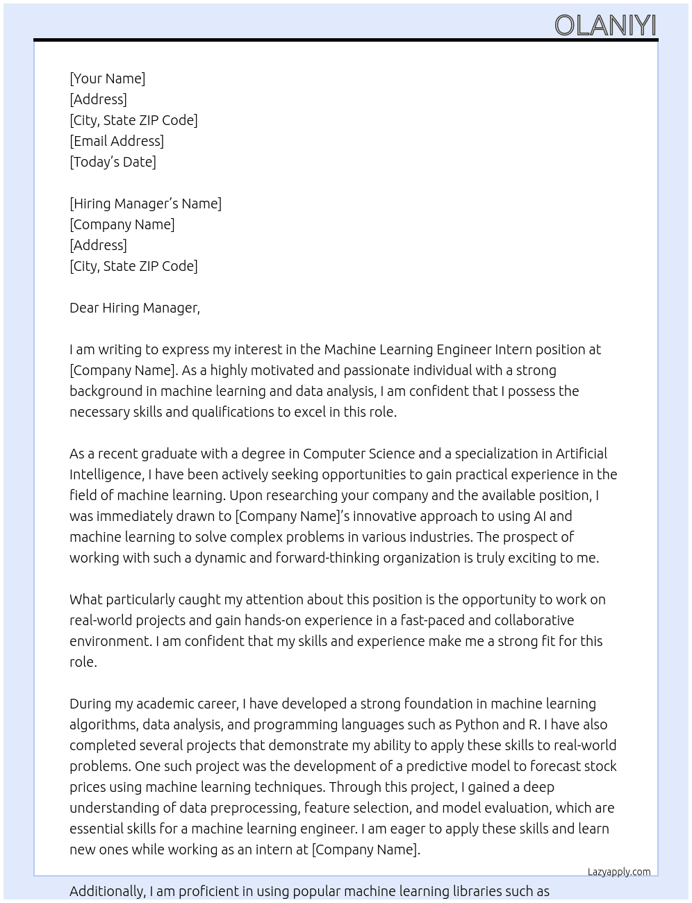 Machine Learning Engineer Intern  At Machine Learning Engineer Intern Cover Letter