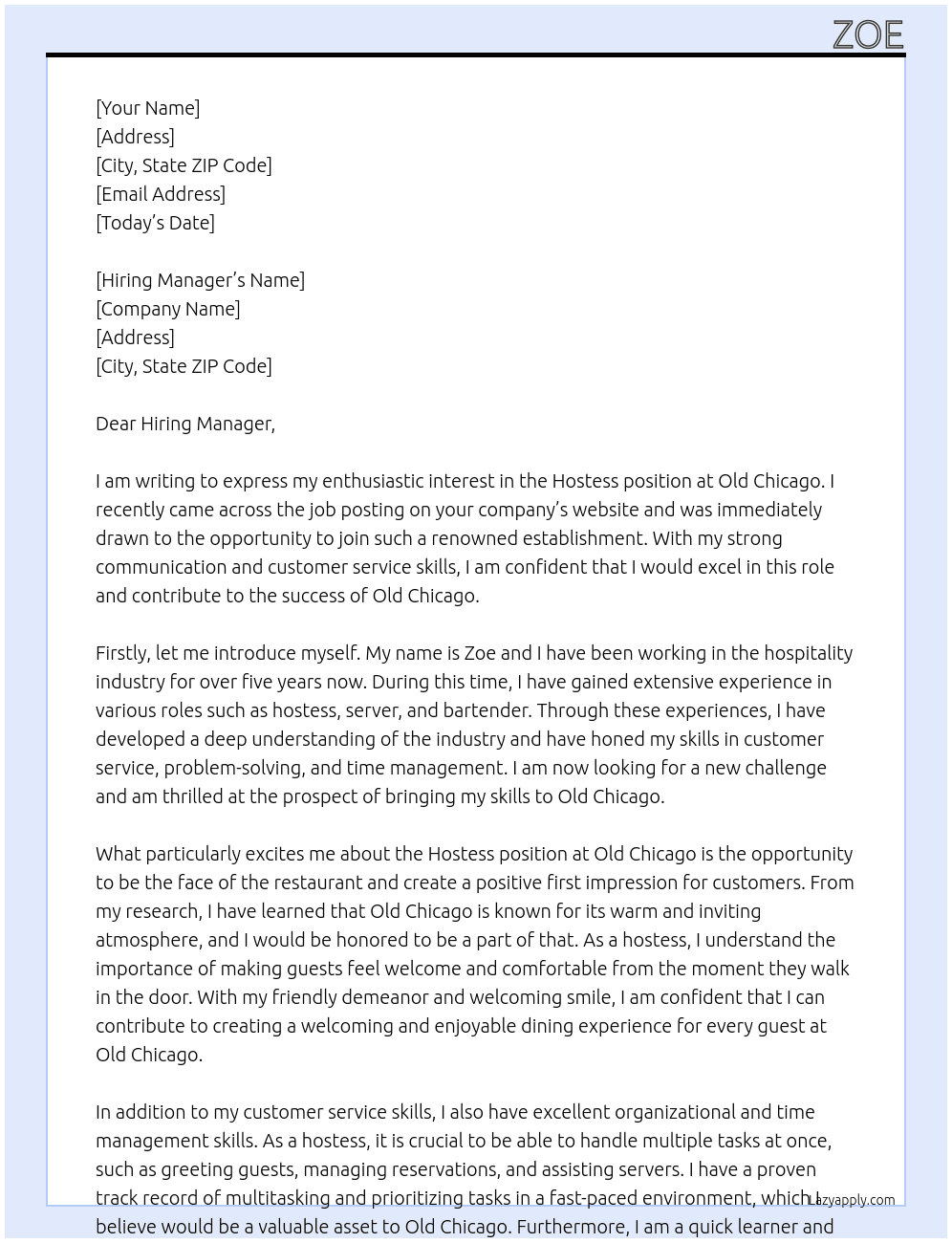 Hostess At Old Chicago Cover Letter