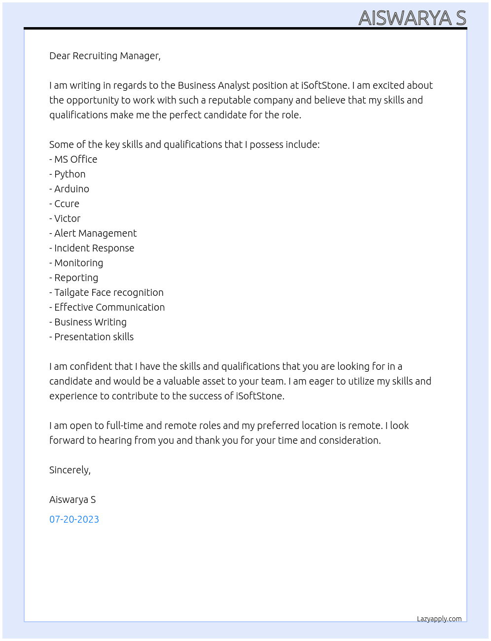 Business Analyst At iSoftStone Cover Letter