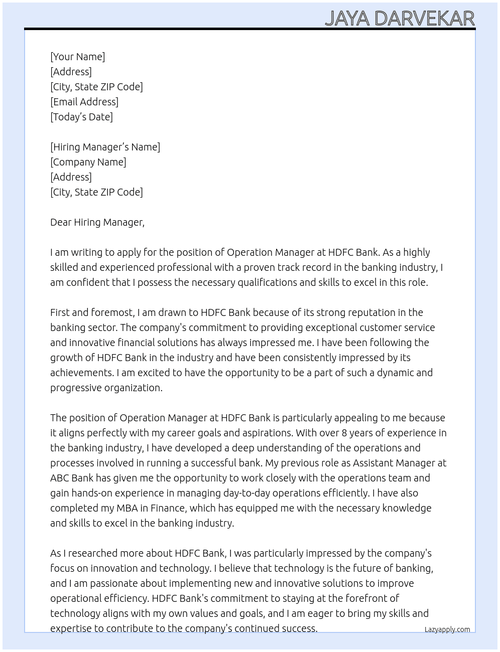 operation Manager At hdfc bank Cover Letter