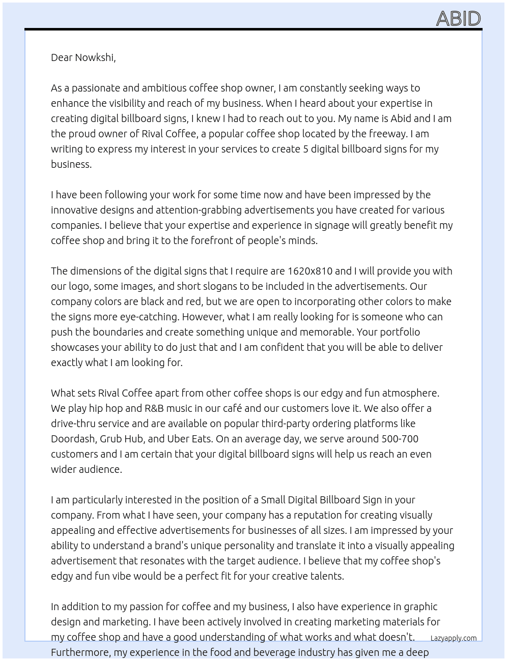 Small Digital Billboard Sign  At nowkshi Cover Letter