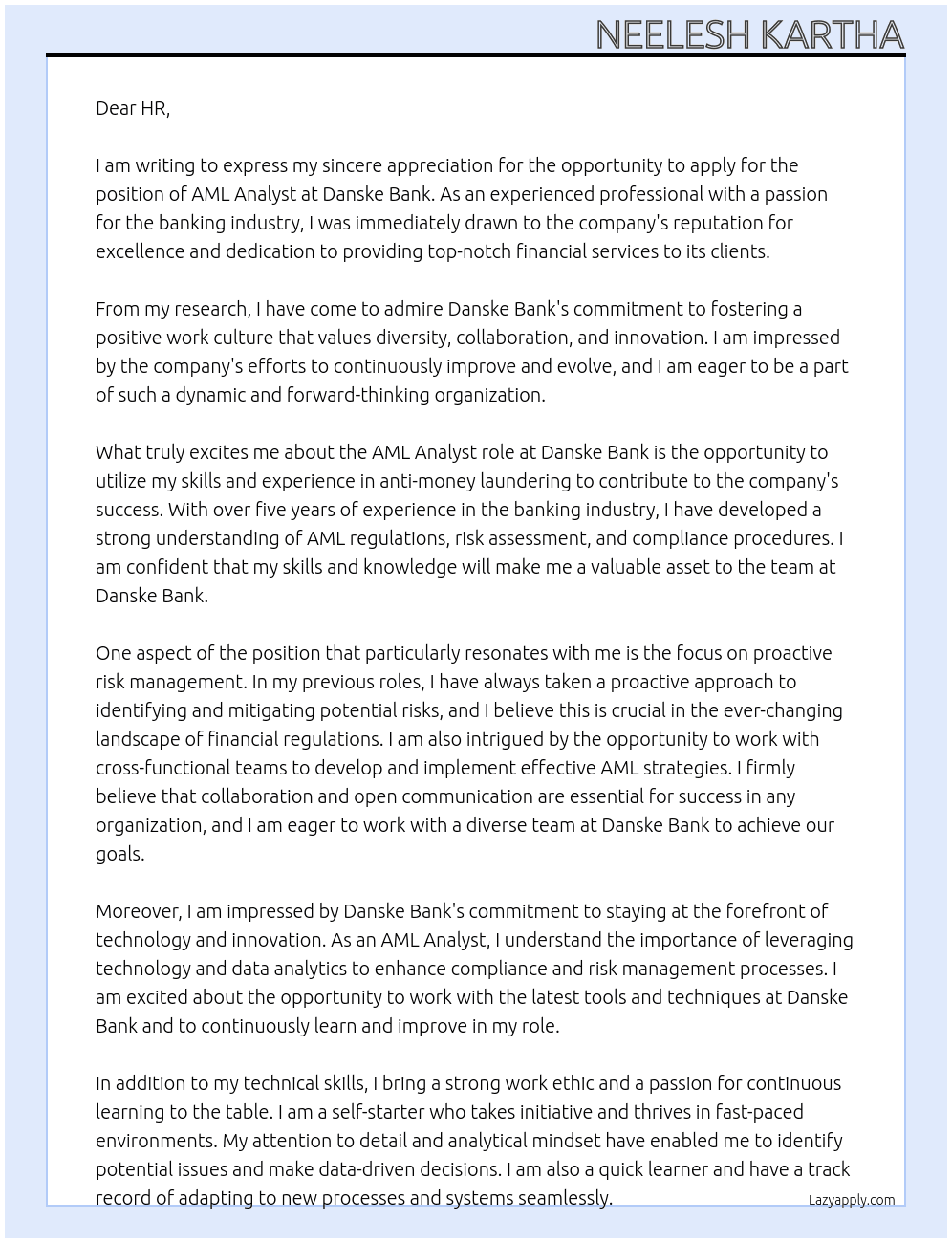 AML Analyst At Danske Bank Cover Letter