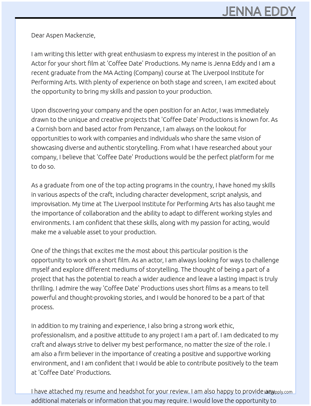 Actor for short film At 'Coffee Date' Productions  Cover Letter