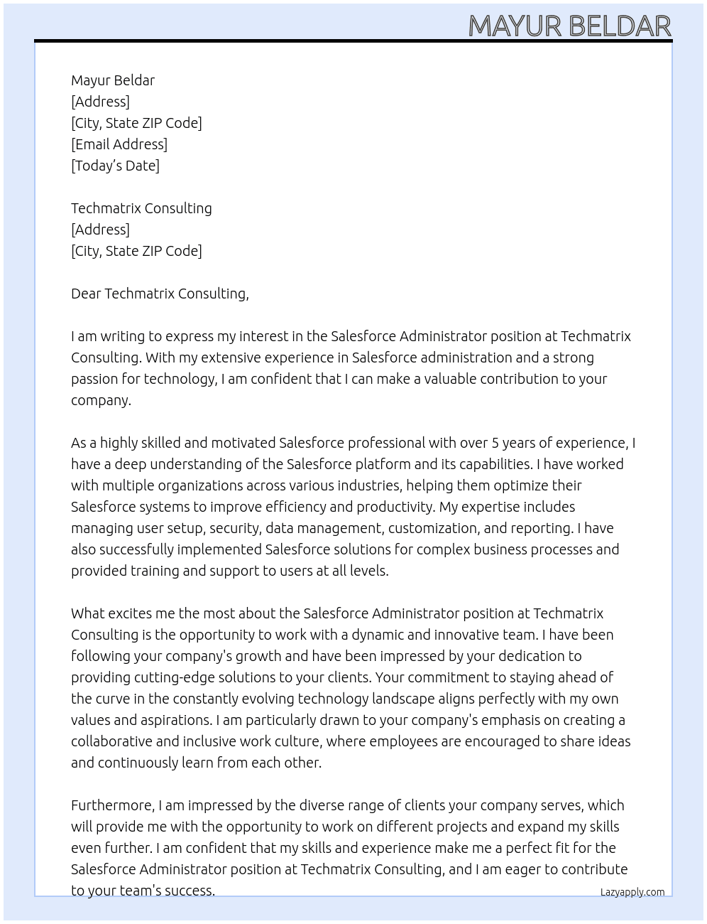 Salesforce Administrator At Techmatrix Consulting Cover Letter
