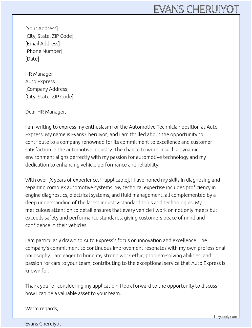 Automotive technician  At Auto express  Cover Letter