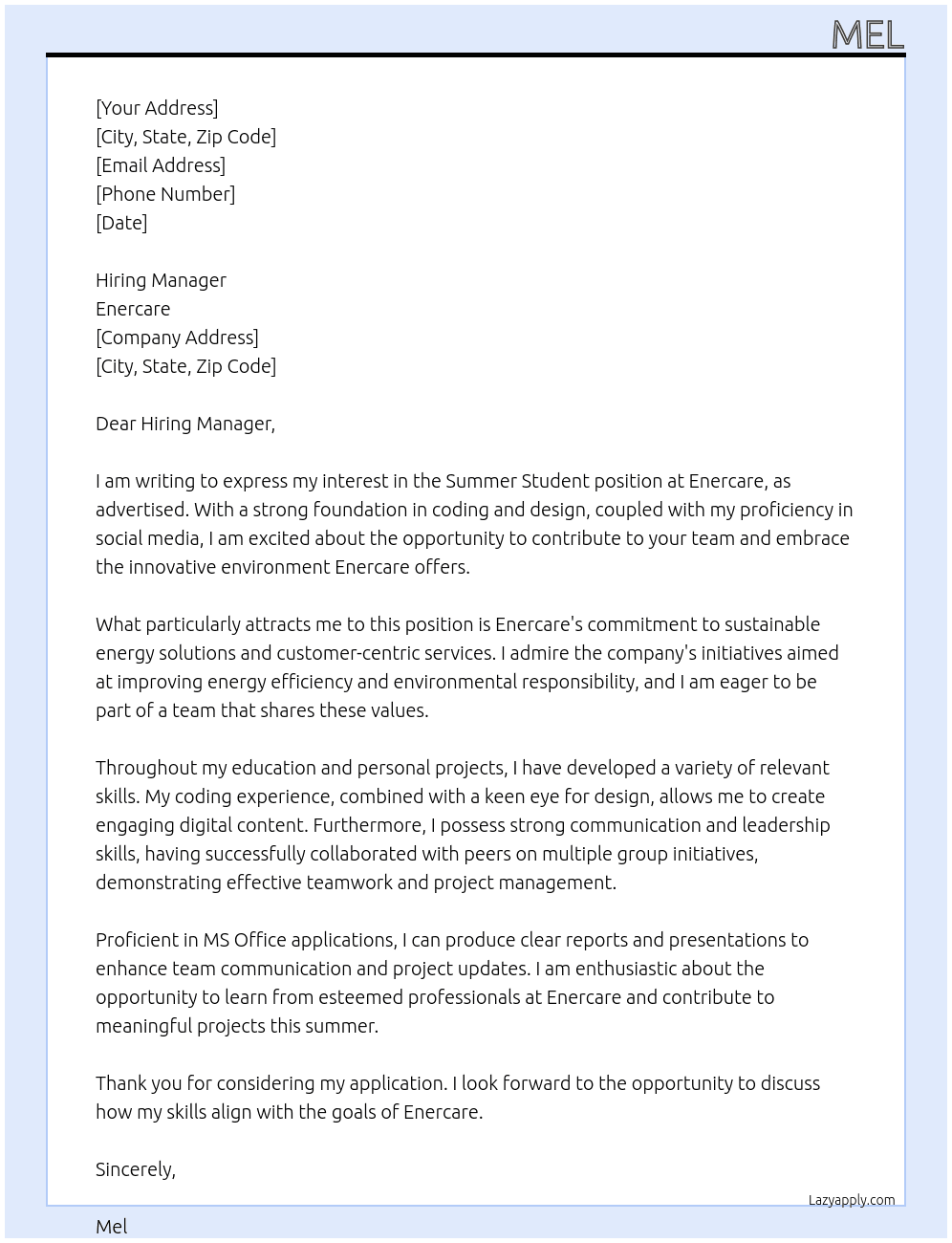 Cover letter for summer student - LazyApply