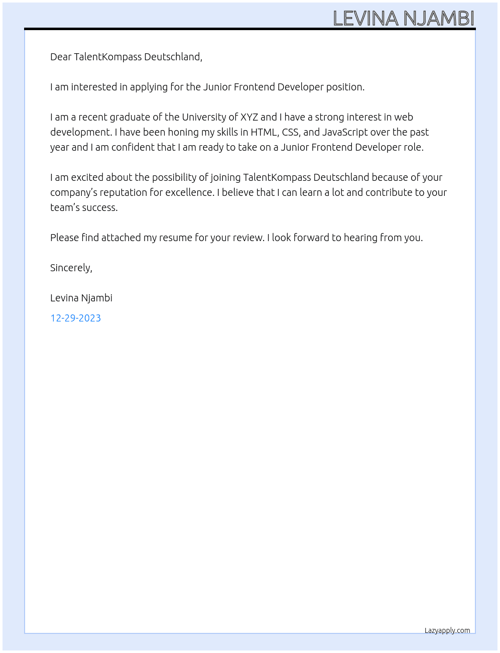 Junior frontend developer At TalentKompass Deutschland  Cover Letter