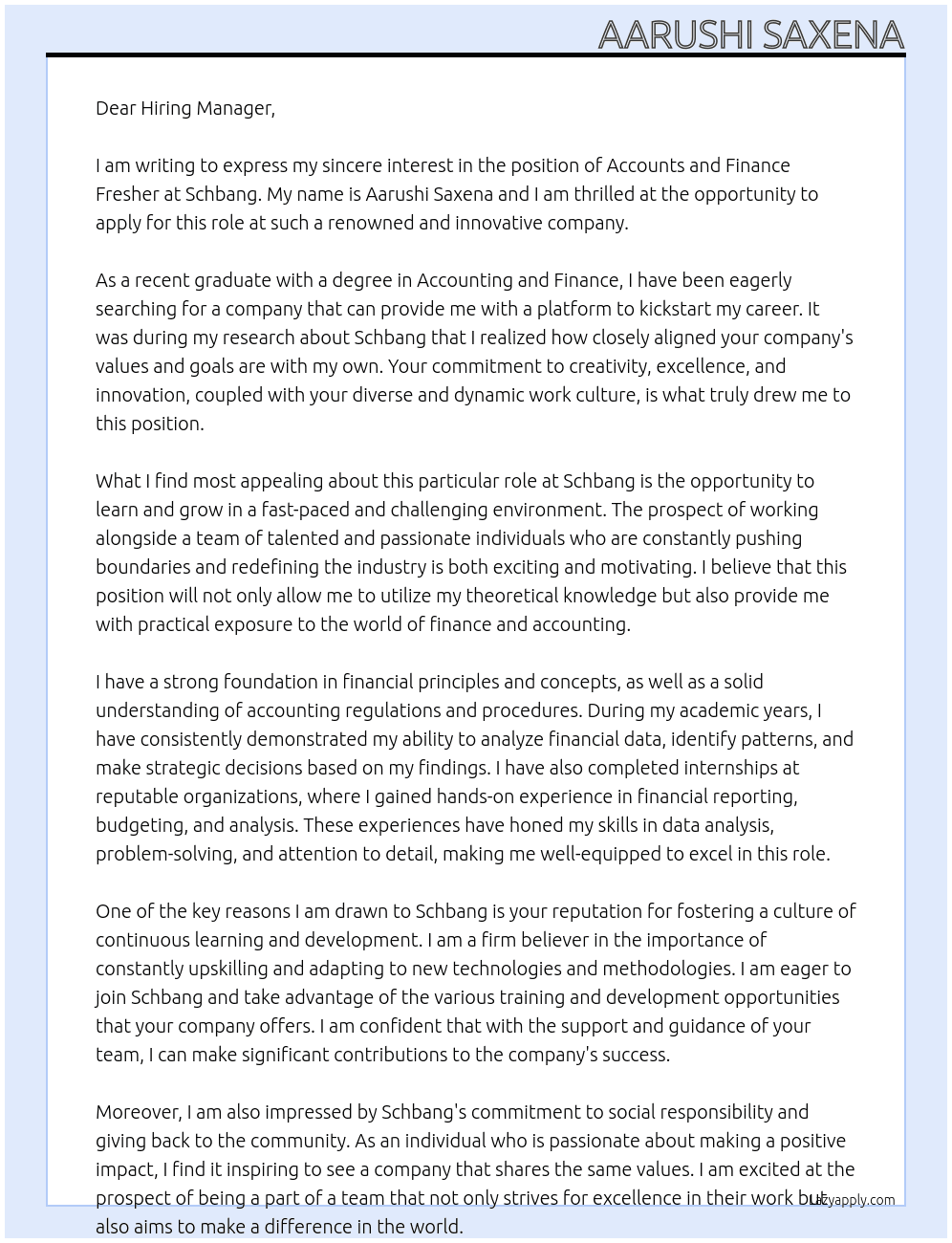 Accounts and Finance fresher At Schbang Cover Letter