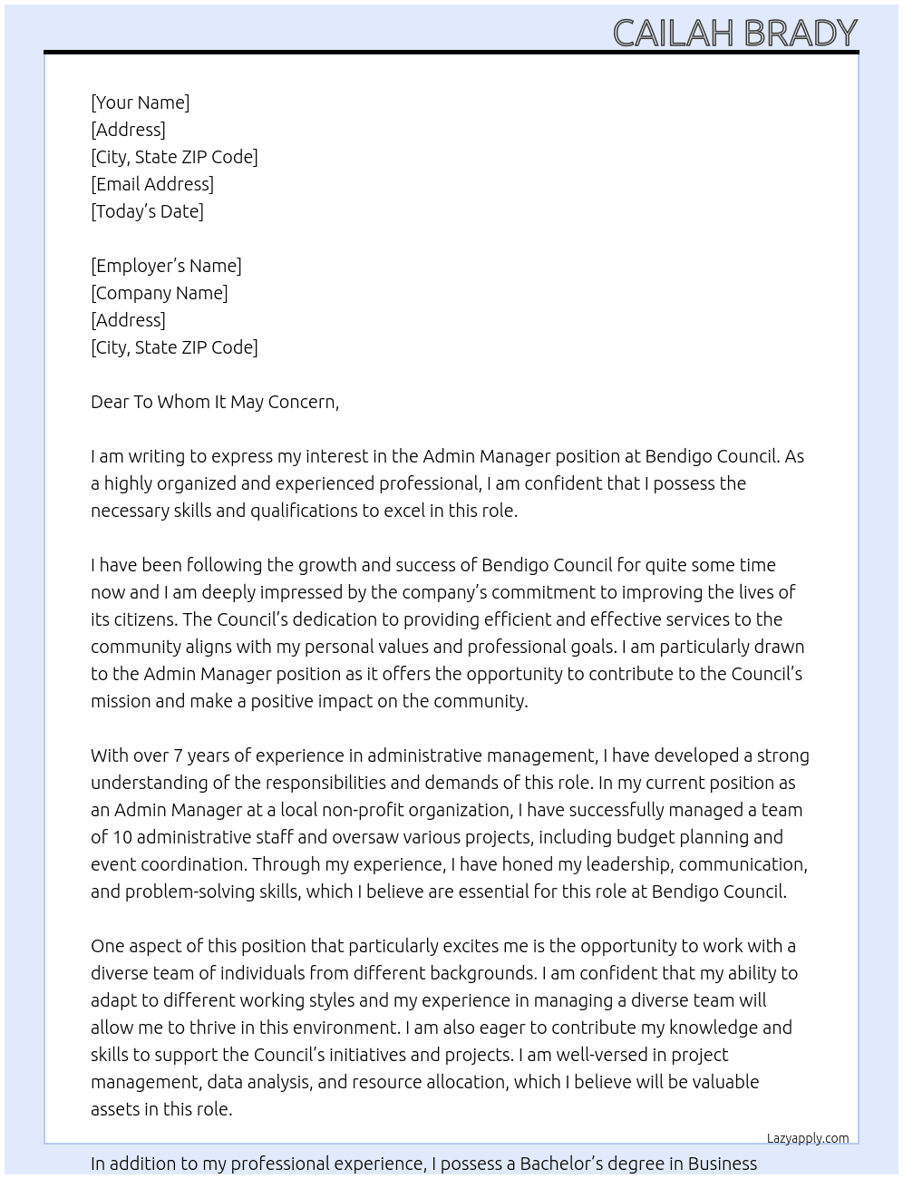 Admin Manager At Bendigo Council Cover Letter