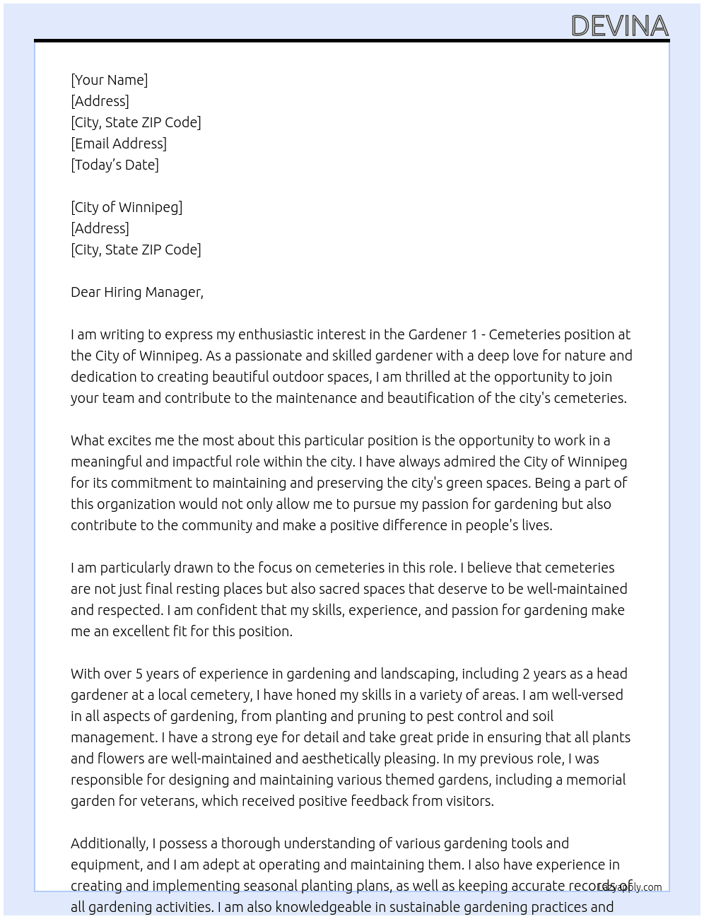 Gardener 1 - Cemeteries At City of Winnipeg  Cover Letter