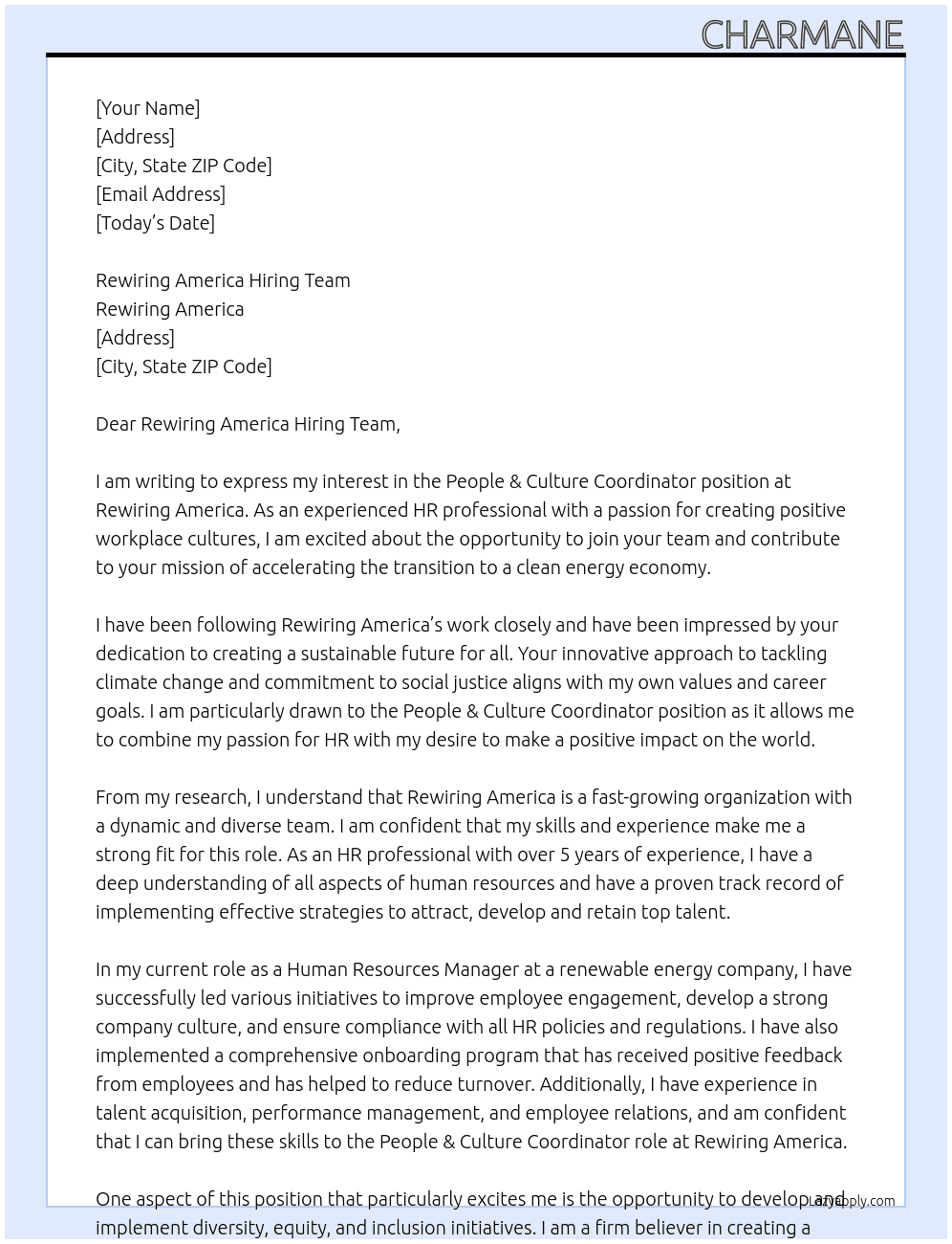 People & Culture Coordinator At Rewiring America Cover Letter