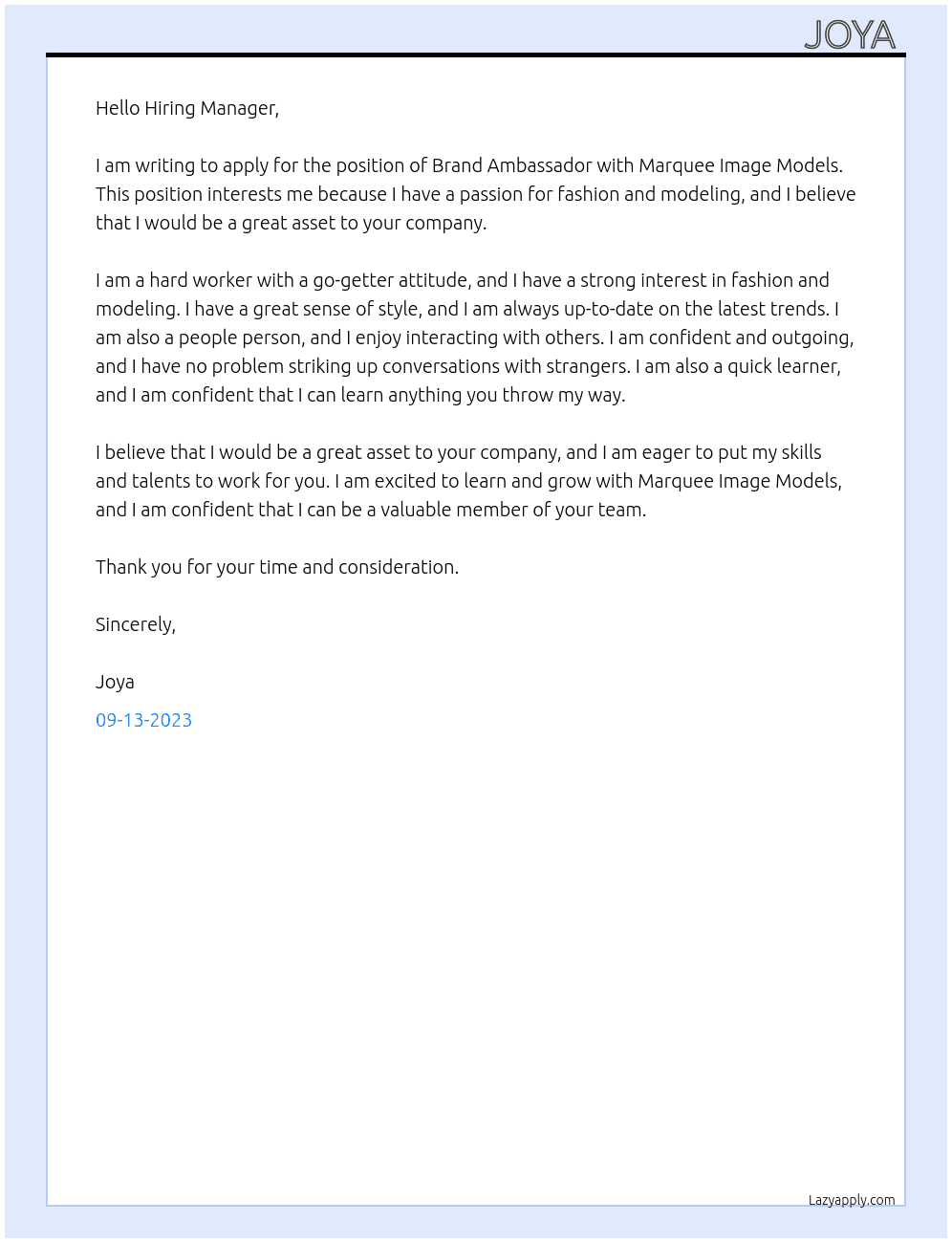 Brand Ambassador At Marquee Image Models Cover Letter