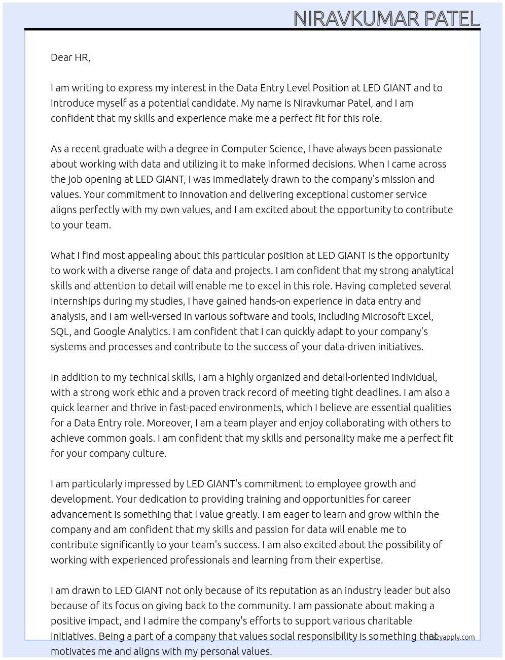 DATA ENTRY LEVEL POSITION At LED GIANT Cover Letter