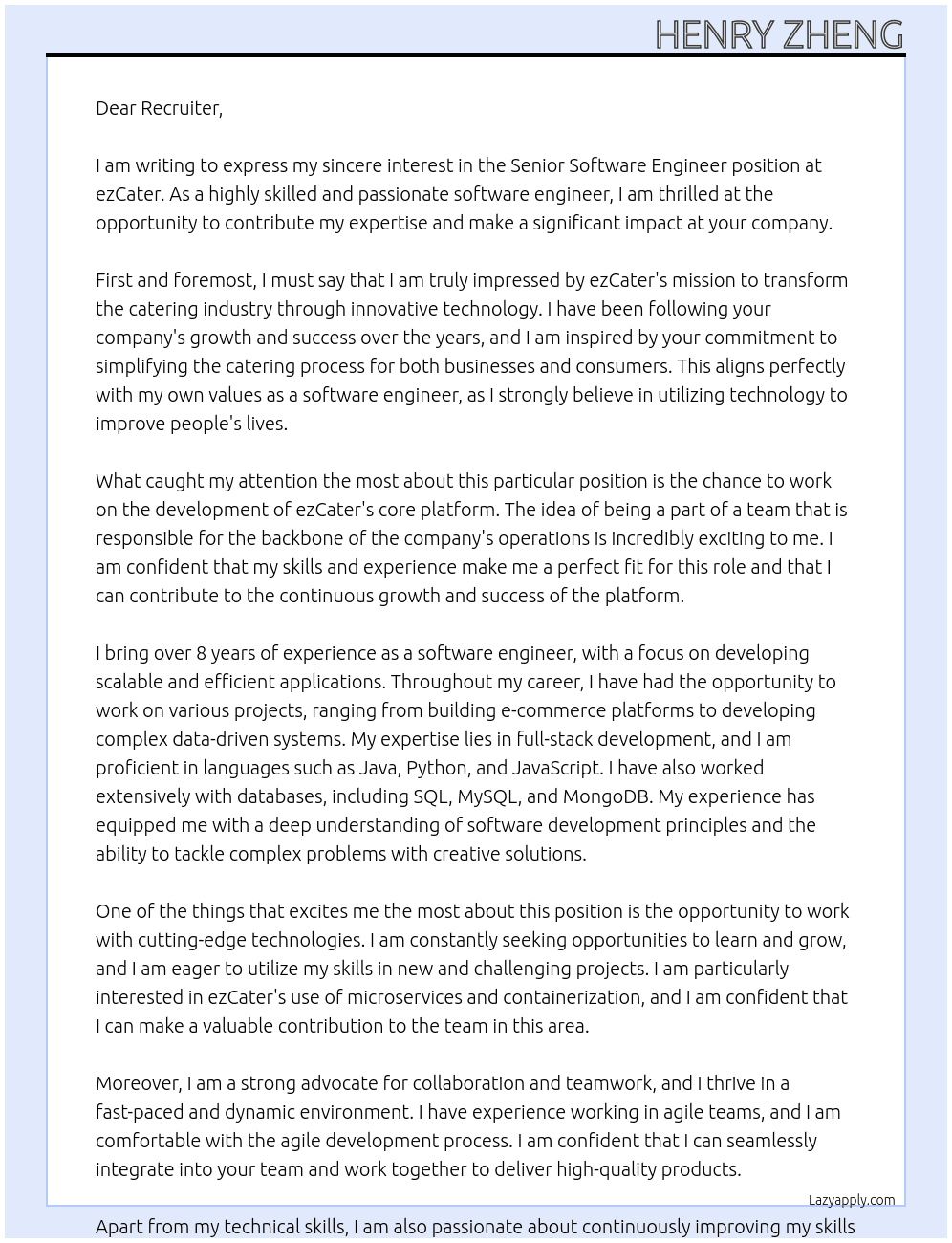 Senior Software Engineer At ezCater Cover Letter