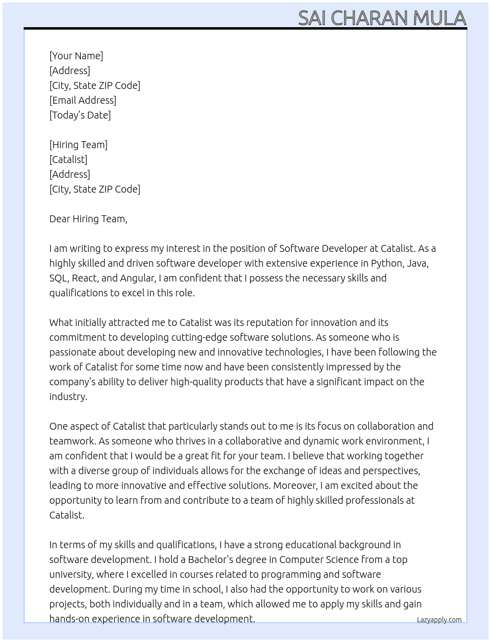 Software Developer At Catalist Cover Letter