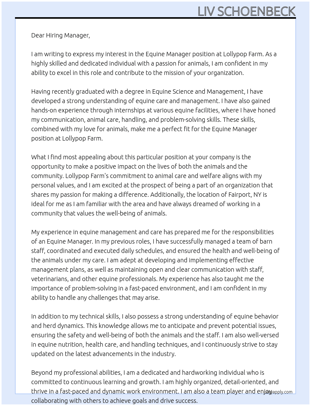 Cover letter for equine manager - LazyApply